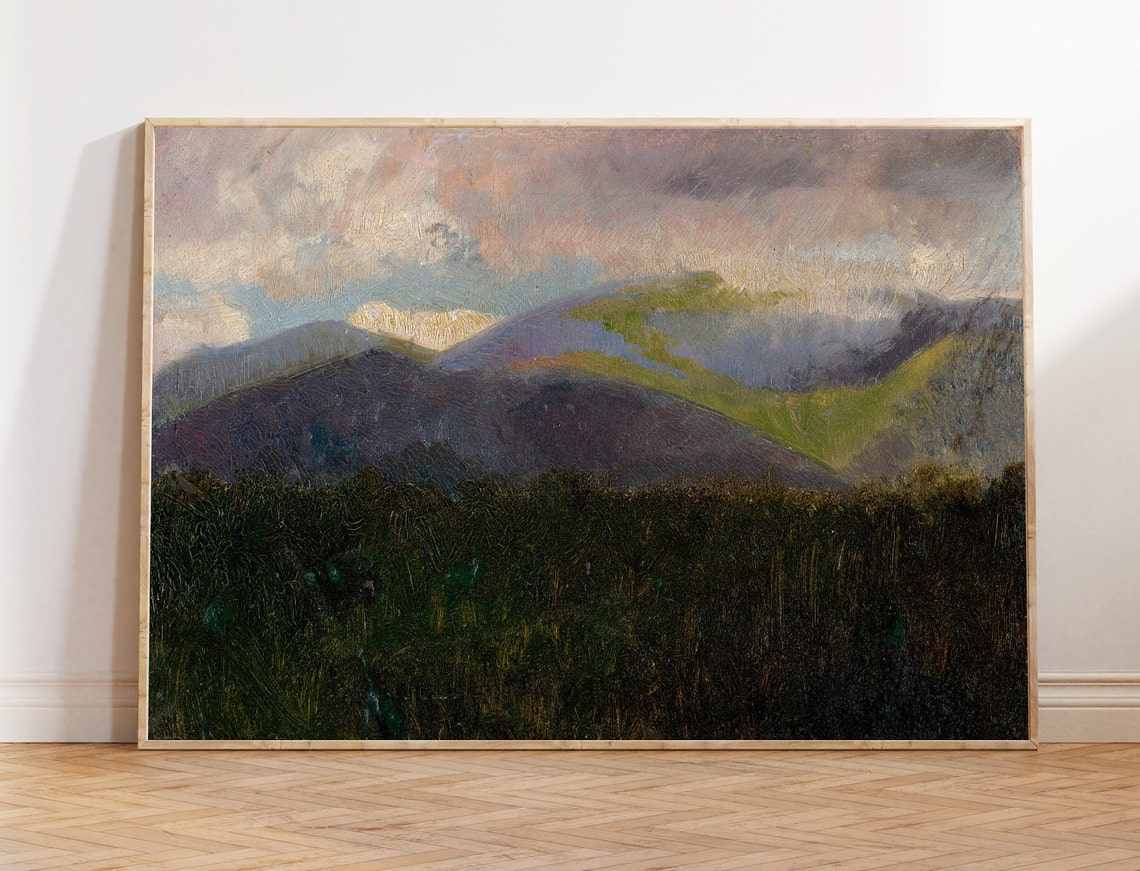 Purple Mountain Peaks At Dusk Pink Clouds Landscape Painting Poster