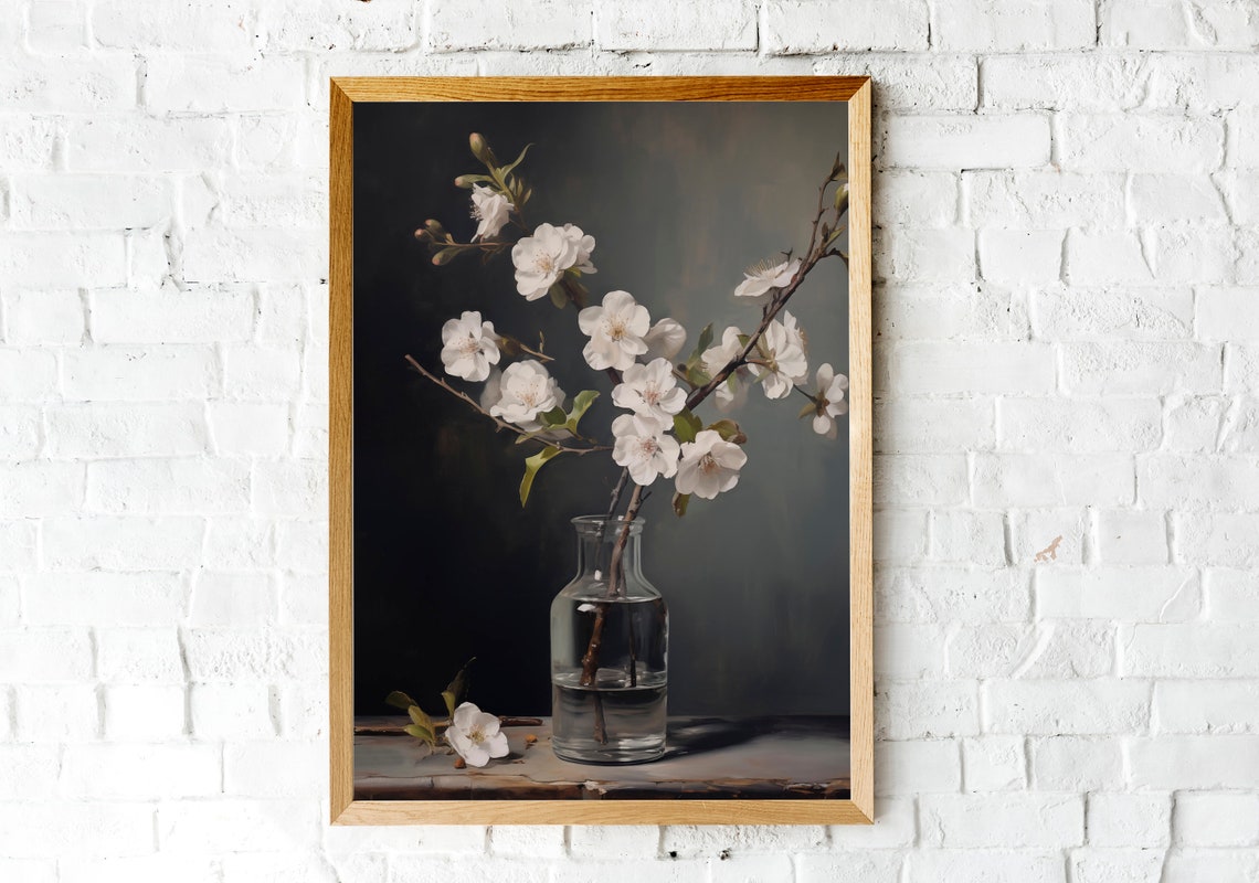 White Cherry Blossom Branch in Glass Vase Moody Still Life Poster - Image 2