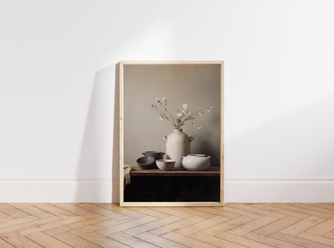 Minimalist Ceramic Vessels with White Blossoms Neutral Wall Art - Image 5