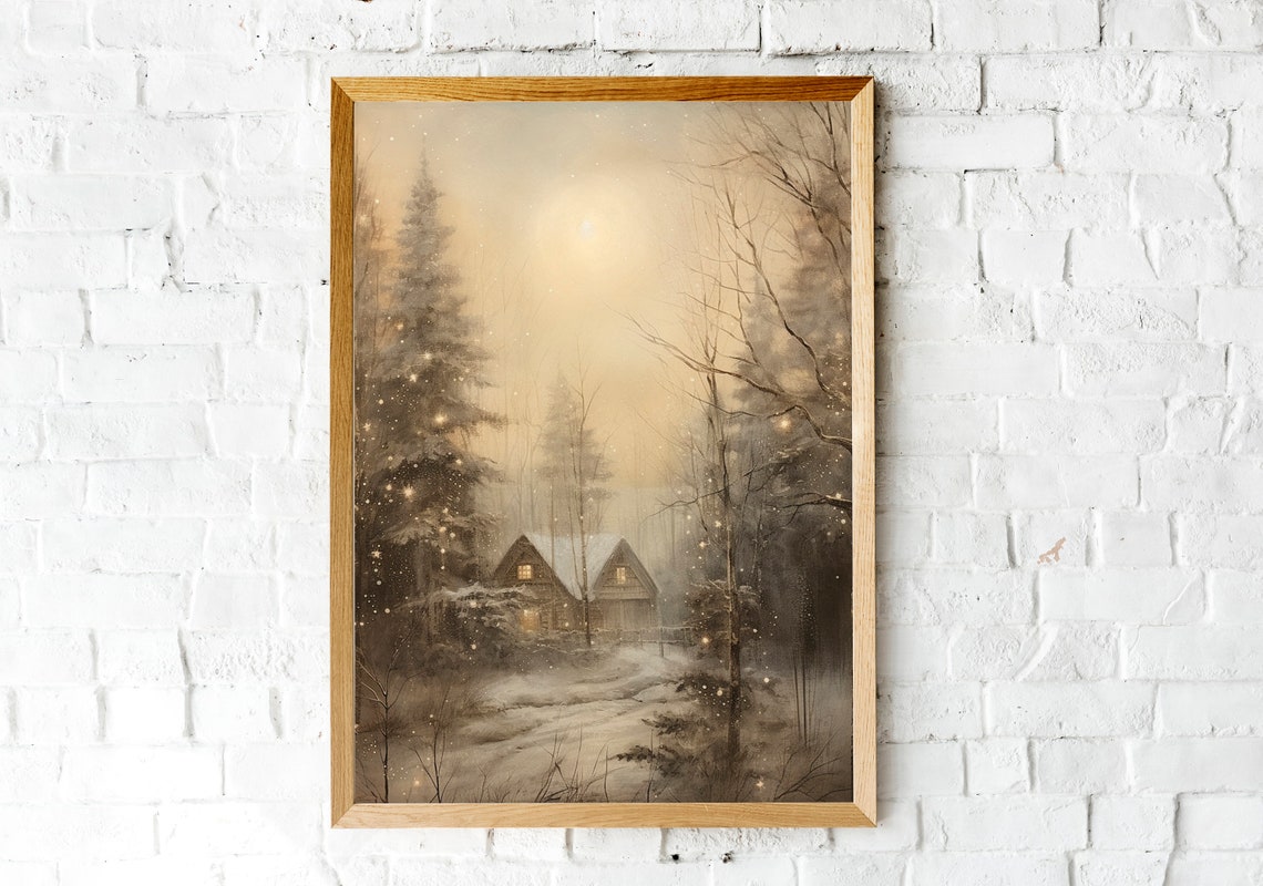 Snowy Forest Cabin with Glowing Windows under Winter Moon Poster - Image 2