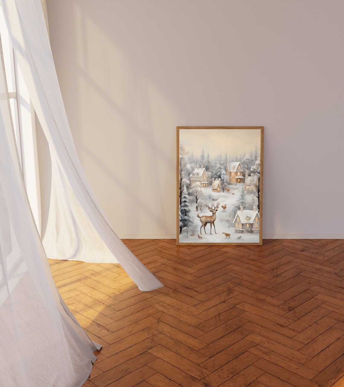 Deer and Fawns in Snowy Village at Dusk with Glowing Cottages Poster - Image 5