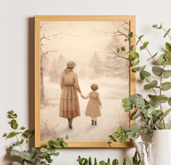 Mother Child Art Vintage Style Mother Daughter Painting Mother And Daughter Art Girl Bedroom Wall Art Moody Print Nursery Art