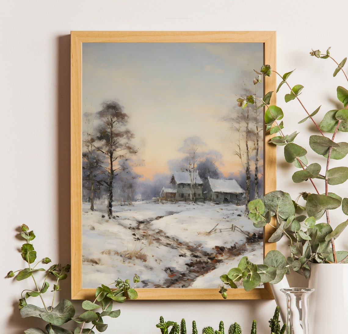 Snowy Farmhouse with Birch Trees Under Pink Winter Sunset Poster