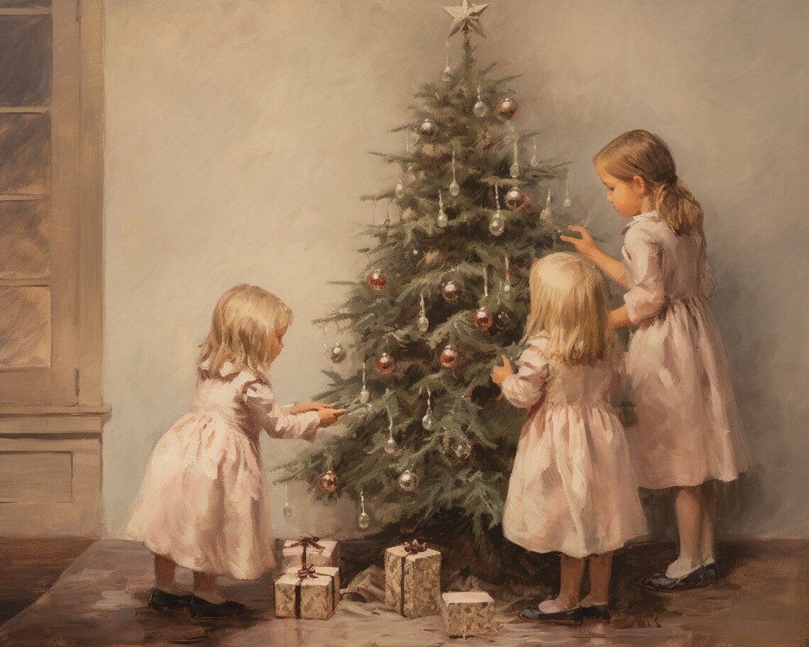 Children and Christmas Tree Vintage Christmas Print - Image 2