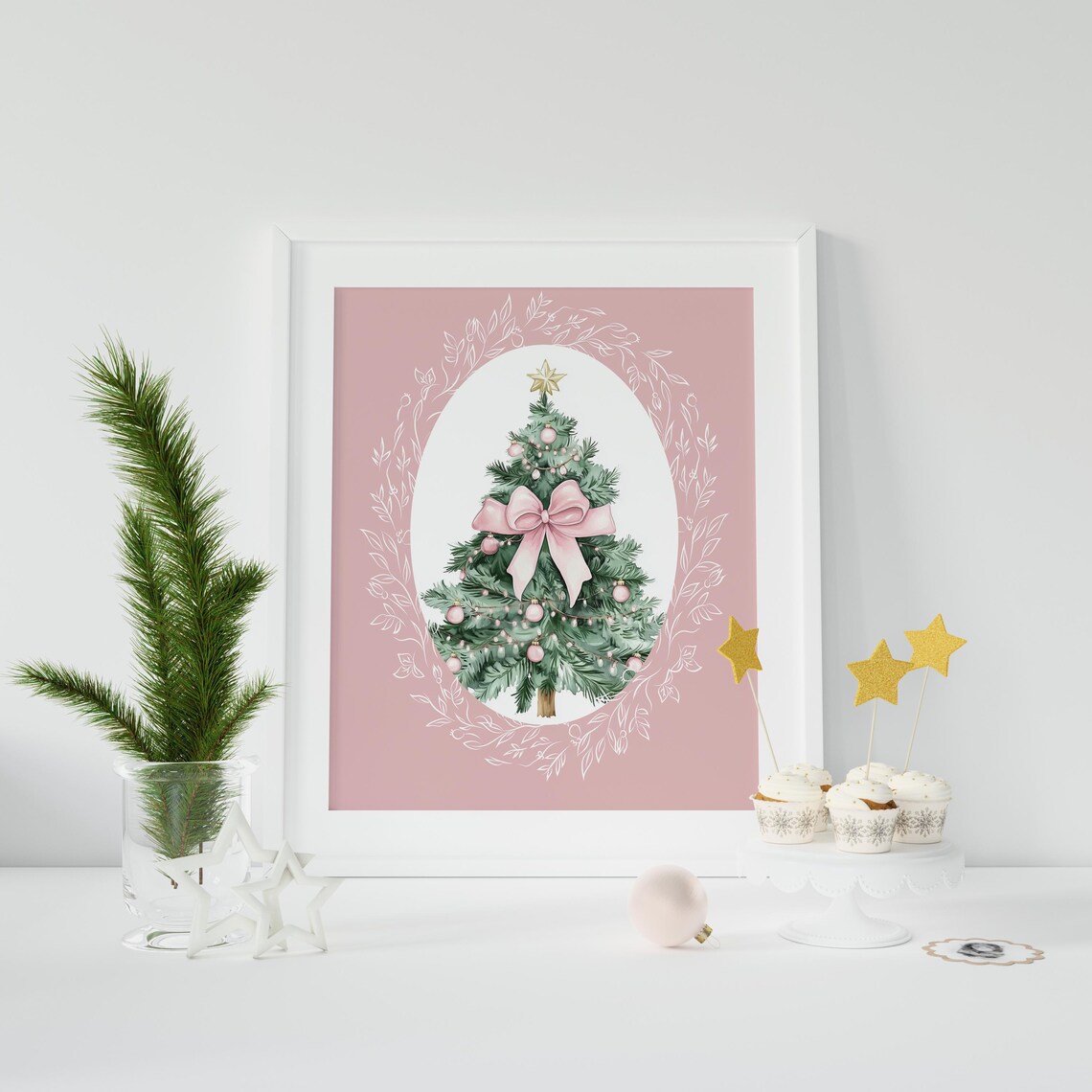 Pink Christmas Tree with Big Bow and Gold Star in Oval Frame Poster - Image 5