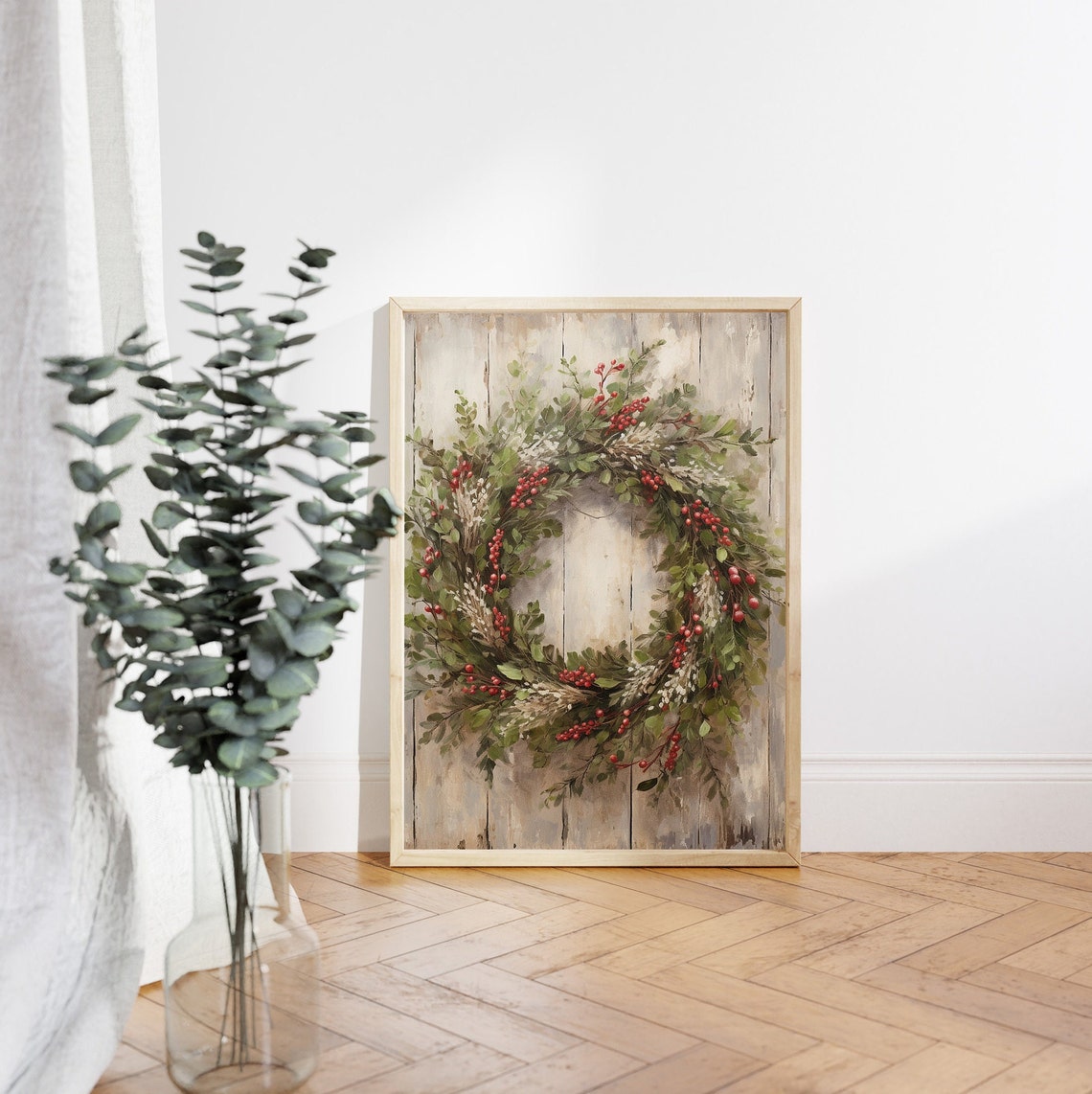 Evergreen Wreath with Red Berries on Whitewashed Wood Poster - Image 4