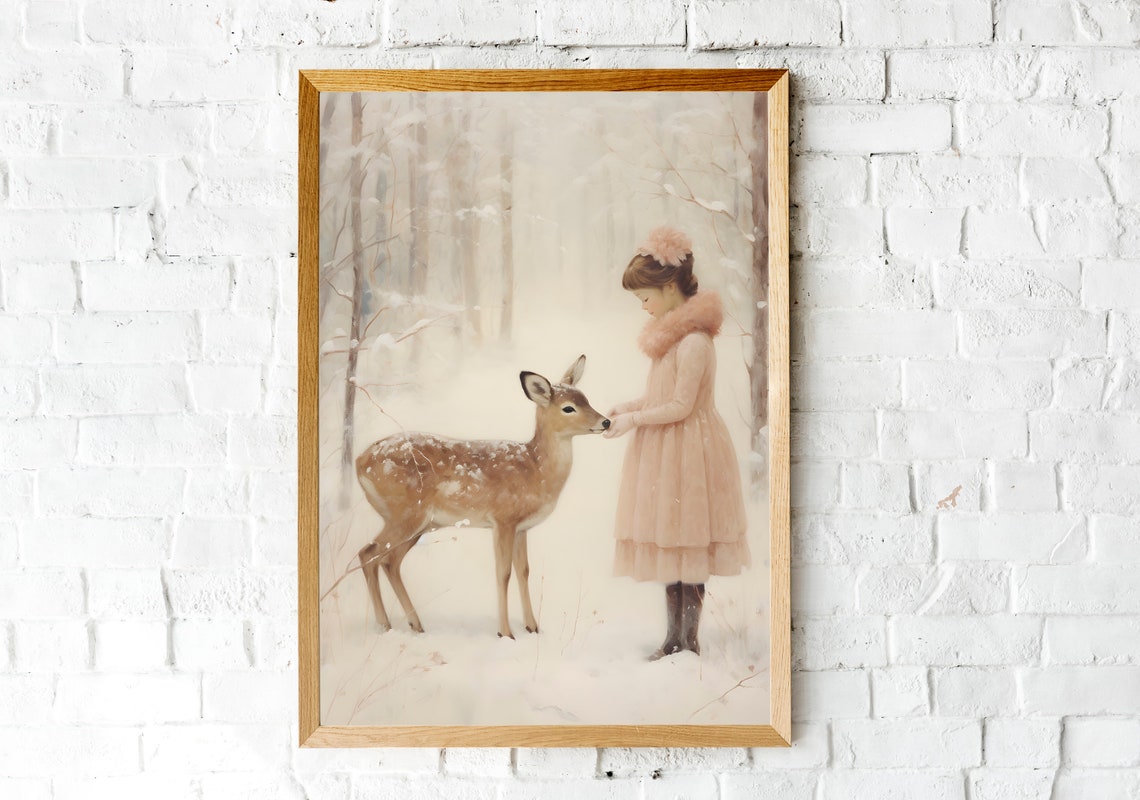 Winter Baby Deer With Girl Illustration Christmas Nursery Wall Art Deer Painting Christmas Nursery Room Decor Woodland Animal Art - Image 2