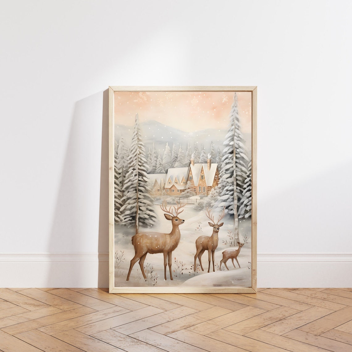Three Deer in Snowy Pine Forest with Chalet at Pink Sunrise Poster - Image 5