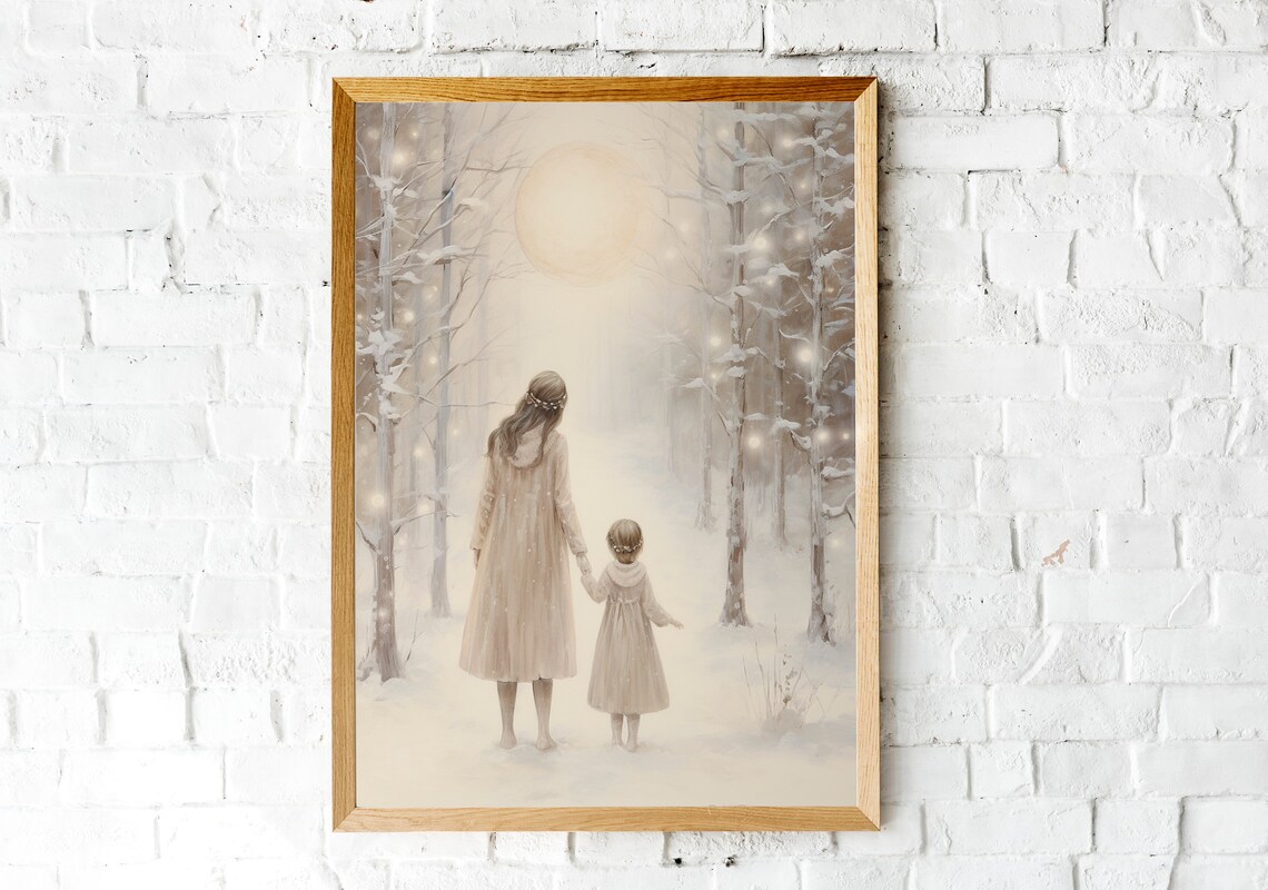 Mother And Daughter Moonlit Snowy Forest Walk Sweet Winter Poster - Image 2