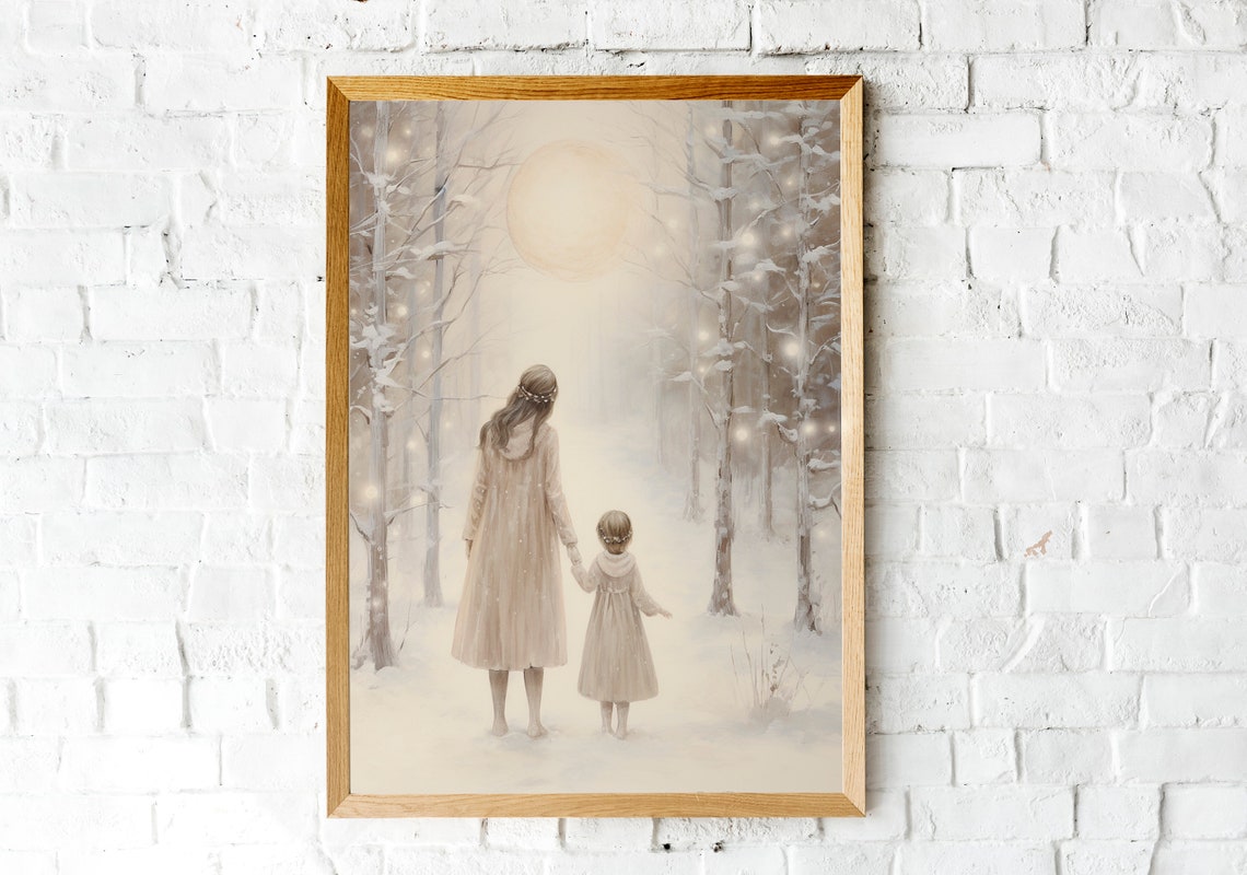 Mother Daughter Painting Mother And Daughter Art Motherhood Painting Girl Bedroom Wall Art Nostalgic Charm Nursery Moody Print - Image 2