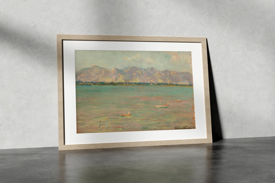 Turquoise Lake Small Boats Mountain Range Vintage Painting Poster - Image 4
