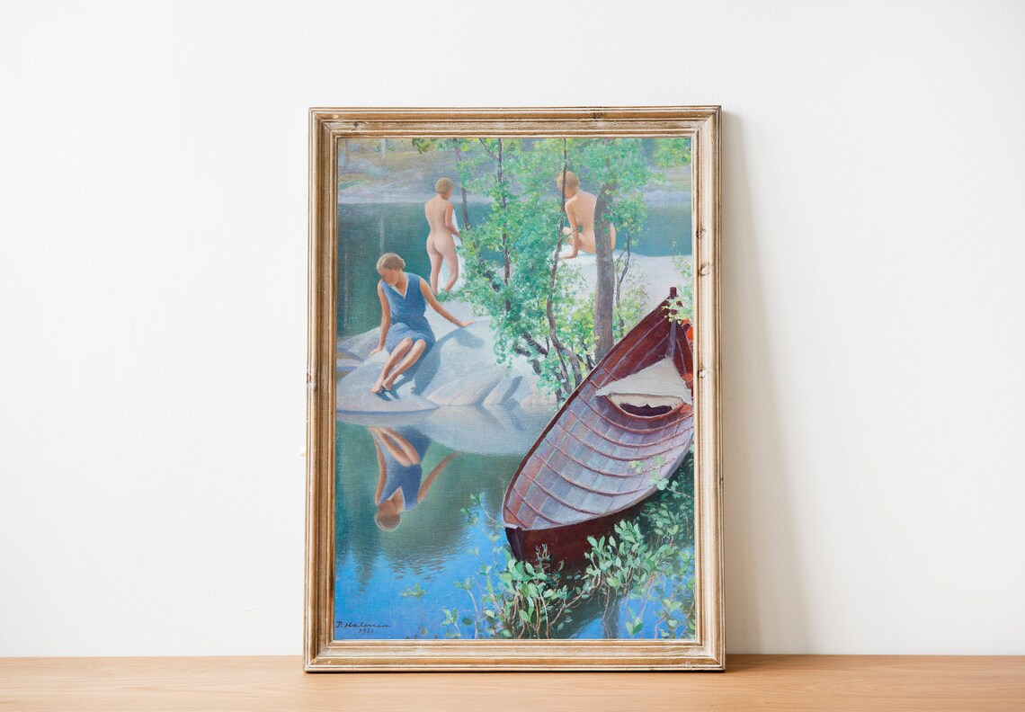 Summer Lake Bathers Woman In Blue Canoe 1931 Vintage Painting Poster - Image 4