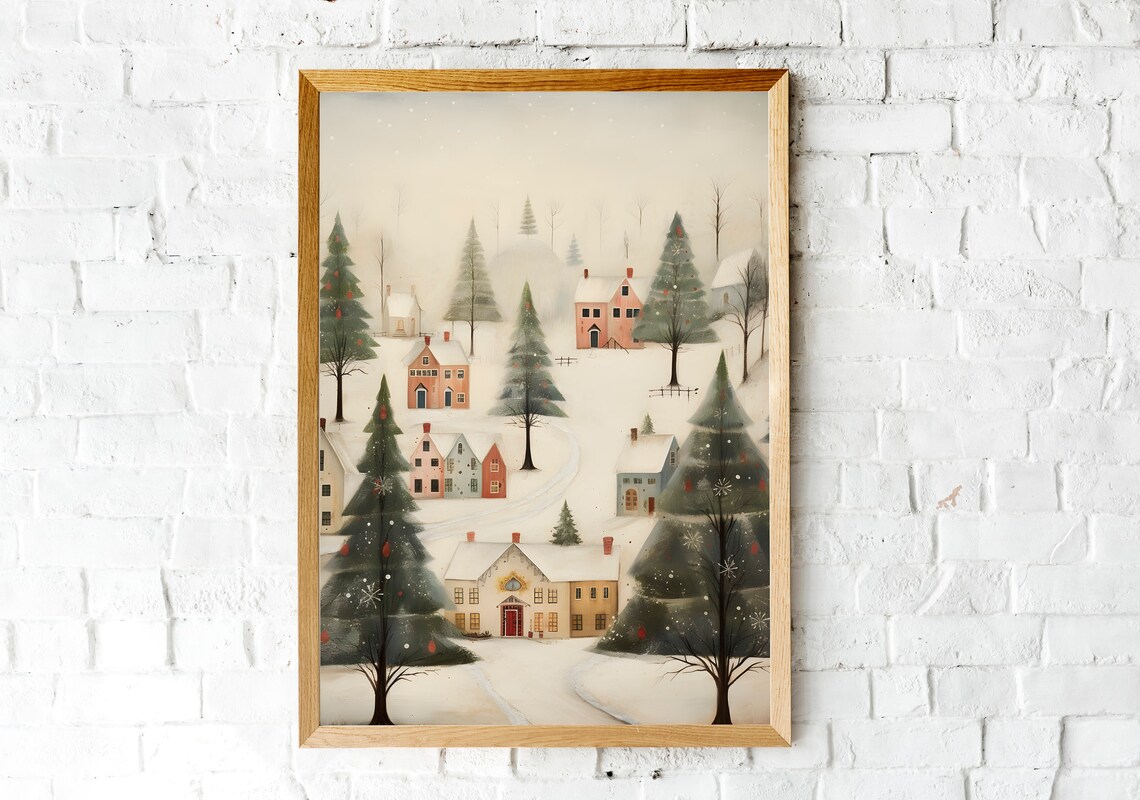 Winter Village Painting, Country Winter Wall Art Print - Image 2