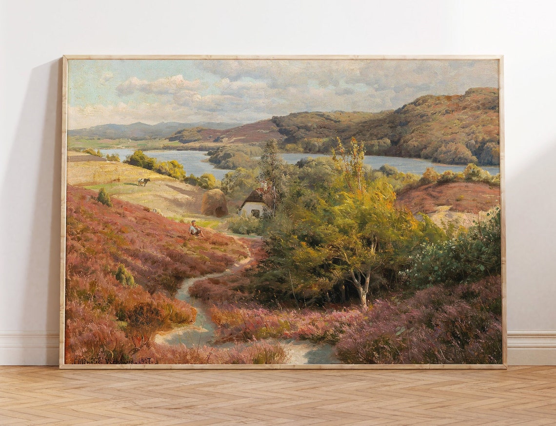 Rustic Lake Landscape Painting Antique Cottage Autumn Hills Art Poster