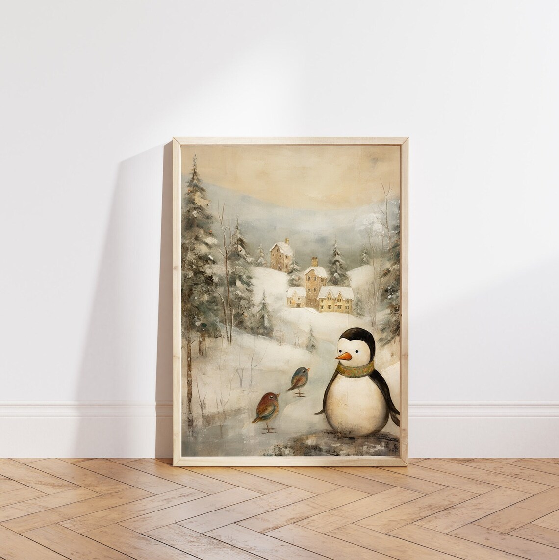 Penguin with Birds in Snowy Cottage Village Winter Art Poster - Image 5