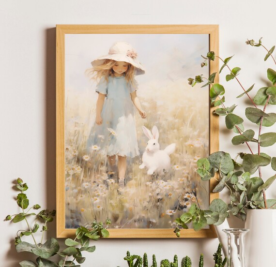 Girl in Blue Dress with White Bunny in a Daisy Meadow Wall Art