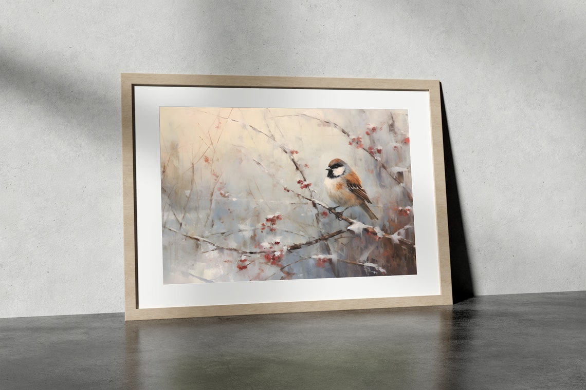 Chickadee on a Snowy Berry Branch Winter Bird Painting Wall Art - Image 3