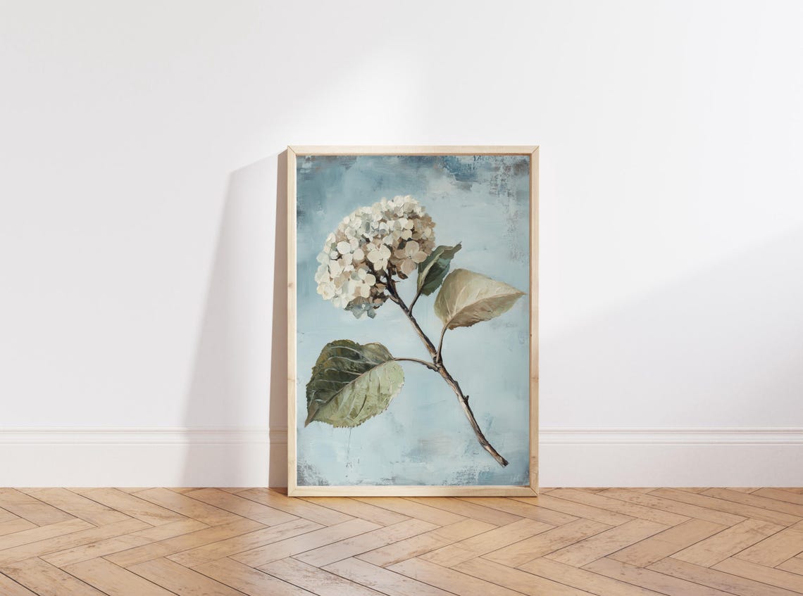White Hydrangea Bloom Vintage Blue Gray Botanical Art Poster - Image 3