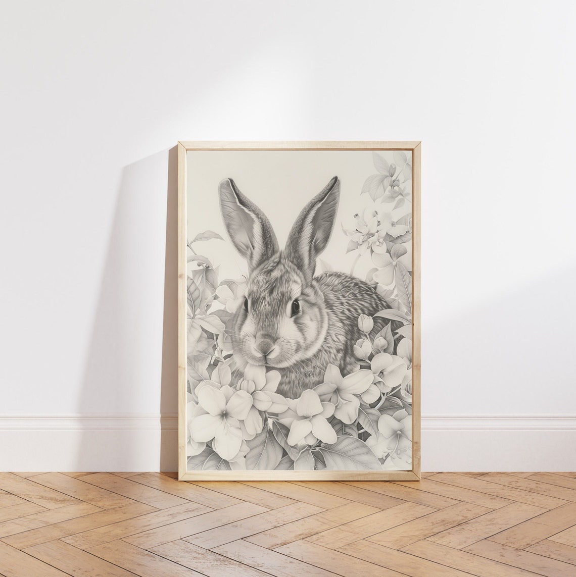 Grayscale Rabbit Among Sketched Blooms Baby Nursery Wall Art - Image 4