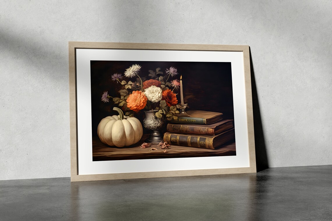 Autumn Still Life Painting Pumpkin Dahlias Candle Vintage Fall Poster - Image 4