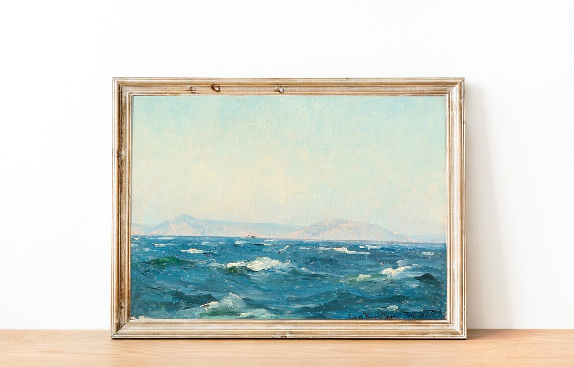 Bright Blue Ocean Waves Distant Coast Vintage Seascape Painting Poster - Image 3