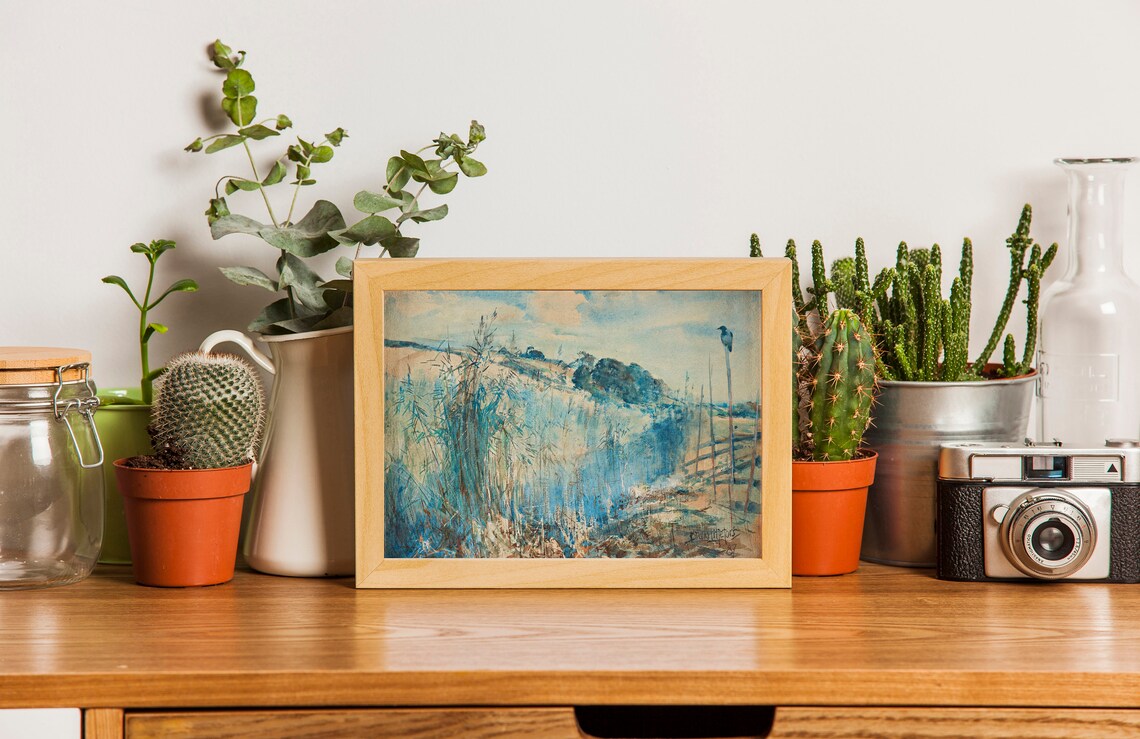 Blue Marsh Reeds Crow On Pole Watercolor Wildlife Painting Poster - Image 2