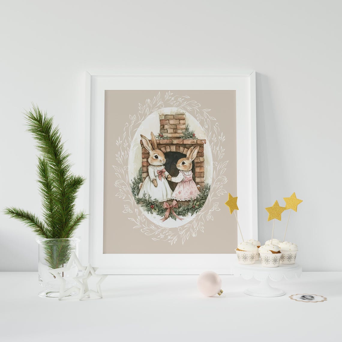 Two Bunny Sisters by a Brick Fireplace with Christmas Garland Poster - Image 3