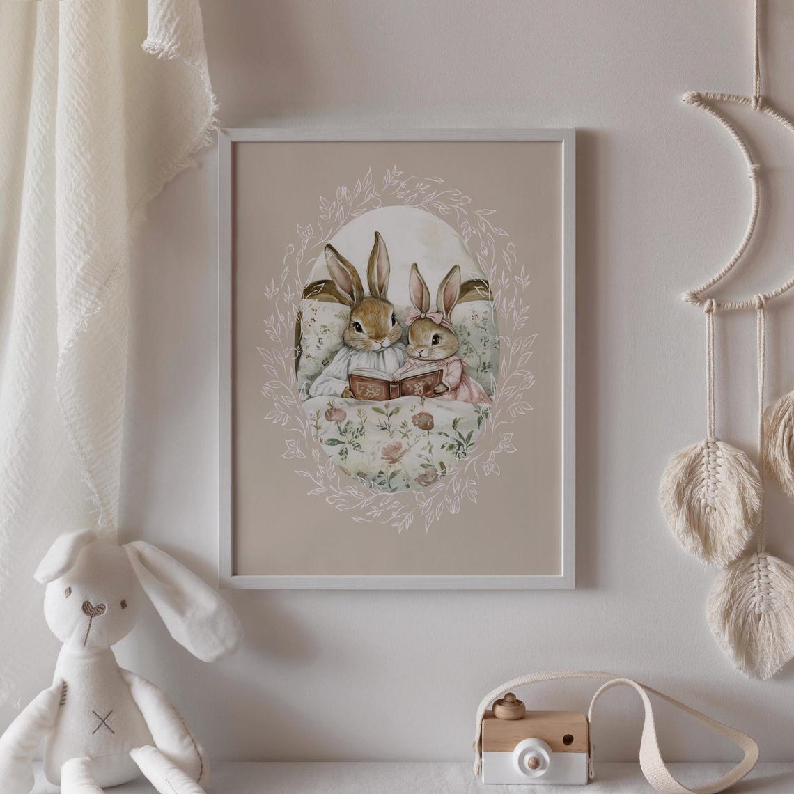 Two Bunnies in Nightgowns Reading a Book in a Floral Bed Poster - Image 2