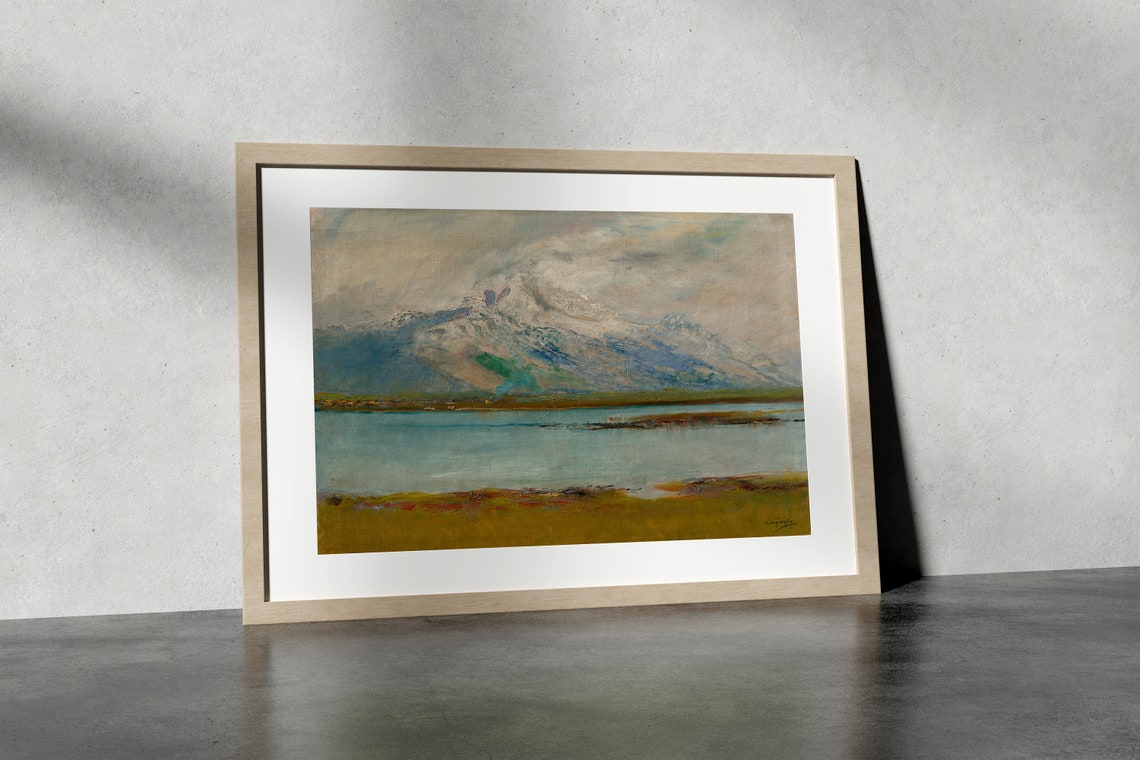 Snow Dusted Misty Mountain Peaks Over Calm Lake Painting Poster - Image 4