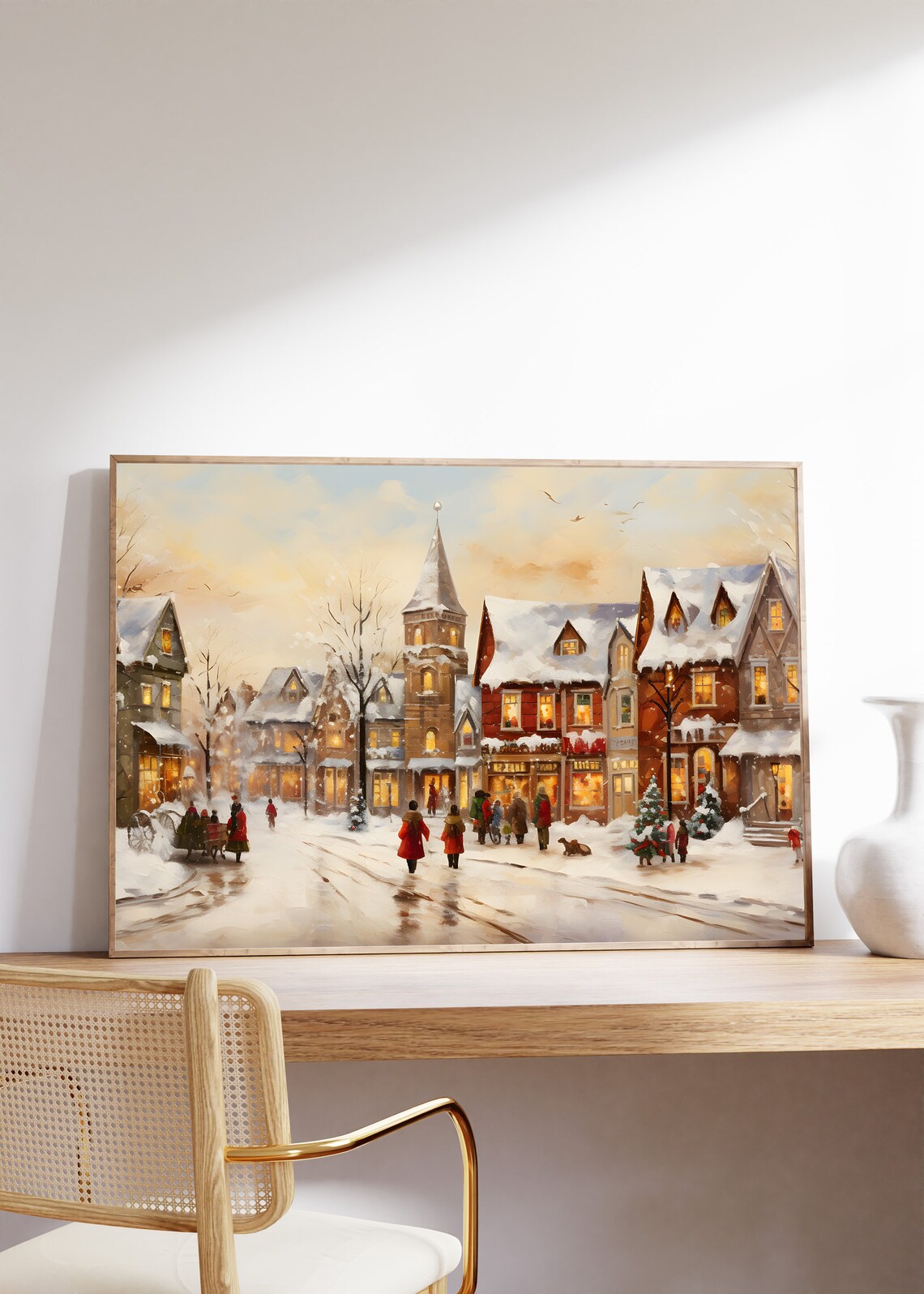 Snowy Village Street at Dusk with Church Steeple Winter Town Poster - Image 5