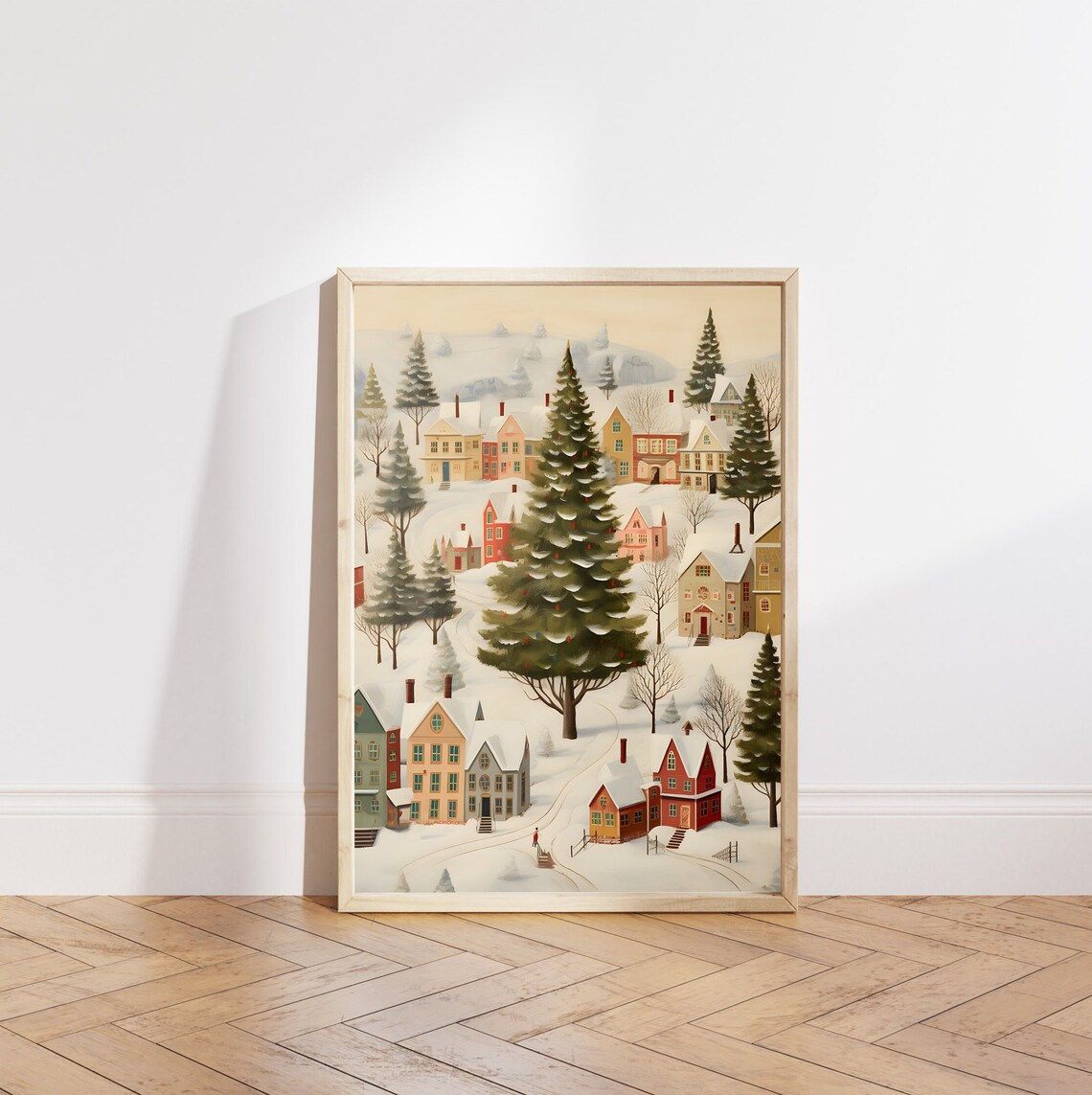 Folk Art Snowy Village with Giant Christmas Tree at Its Center Poster - Image 5