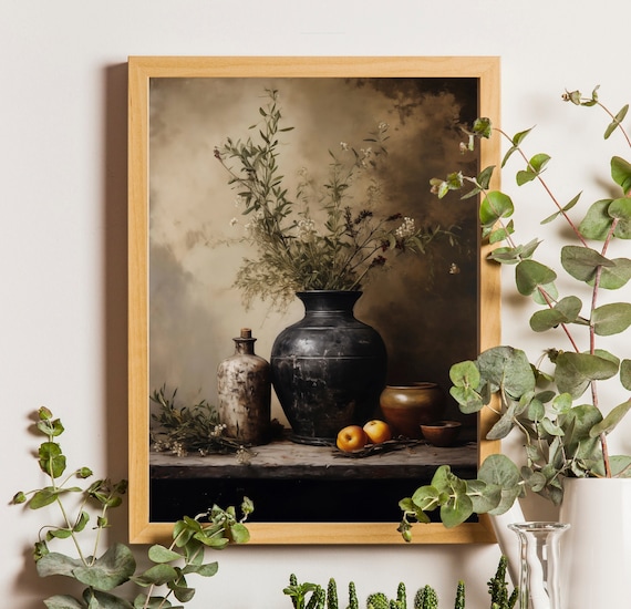 Vase With Olive Branches, Vintage Still Life Art Print