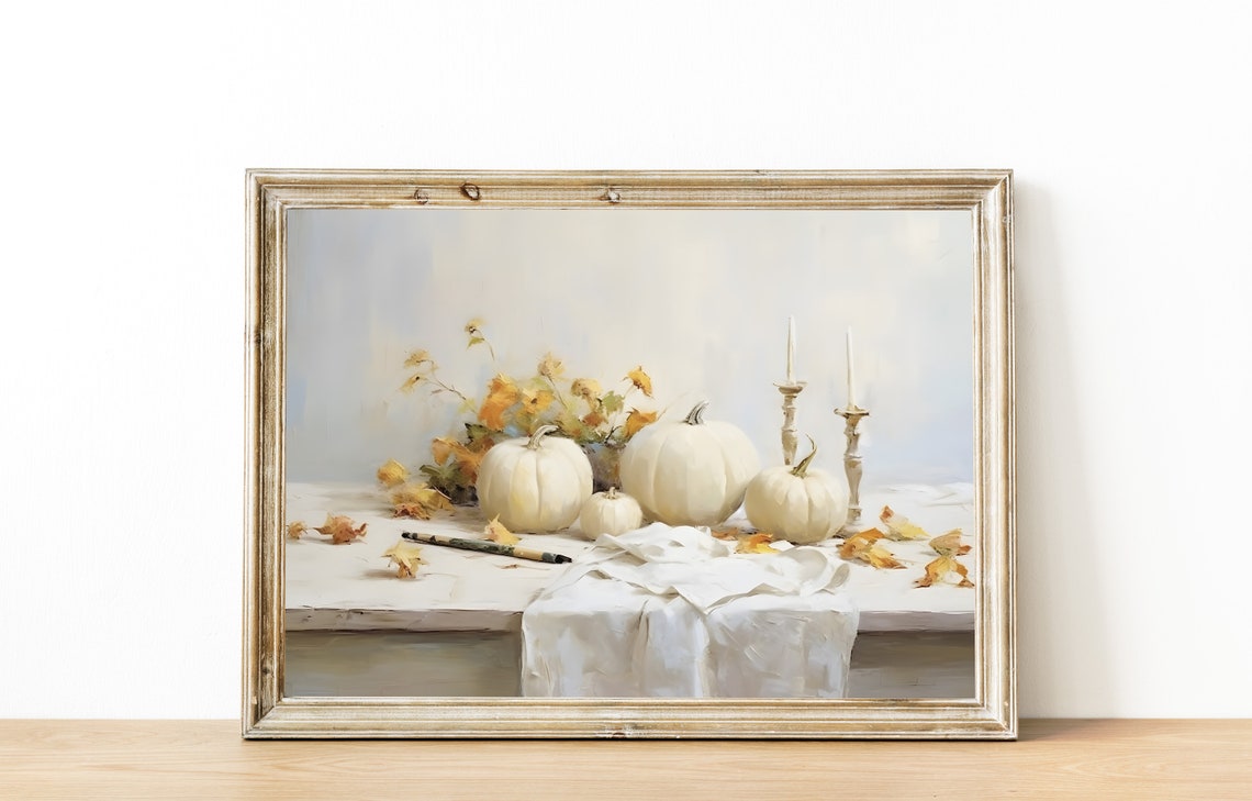 White Pumpkins with Candlesticks Neutral Fall Table Wall Art - Image 4