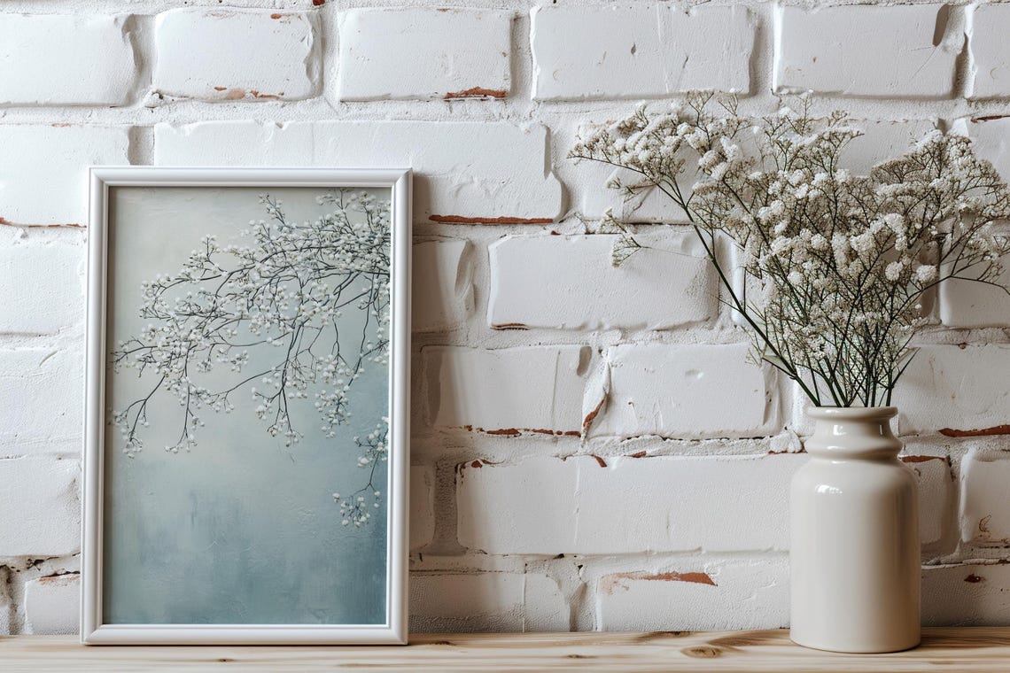 White Blossom Branches Misty Pale Blue Minimalist Home Decor Poster - Image 4