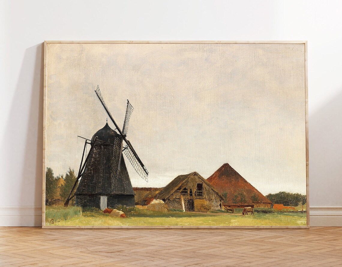 Dutch Farmhouse Windmill, Holland Countryside Art