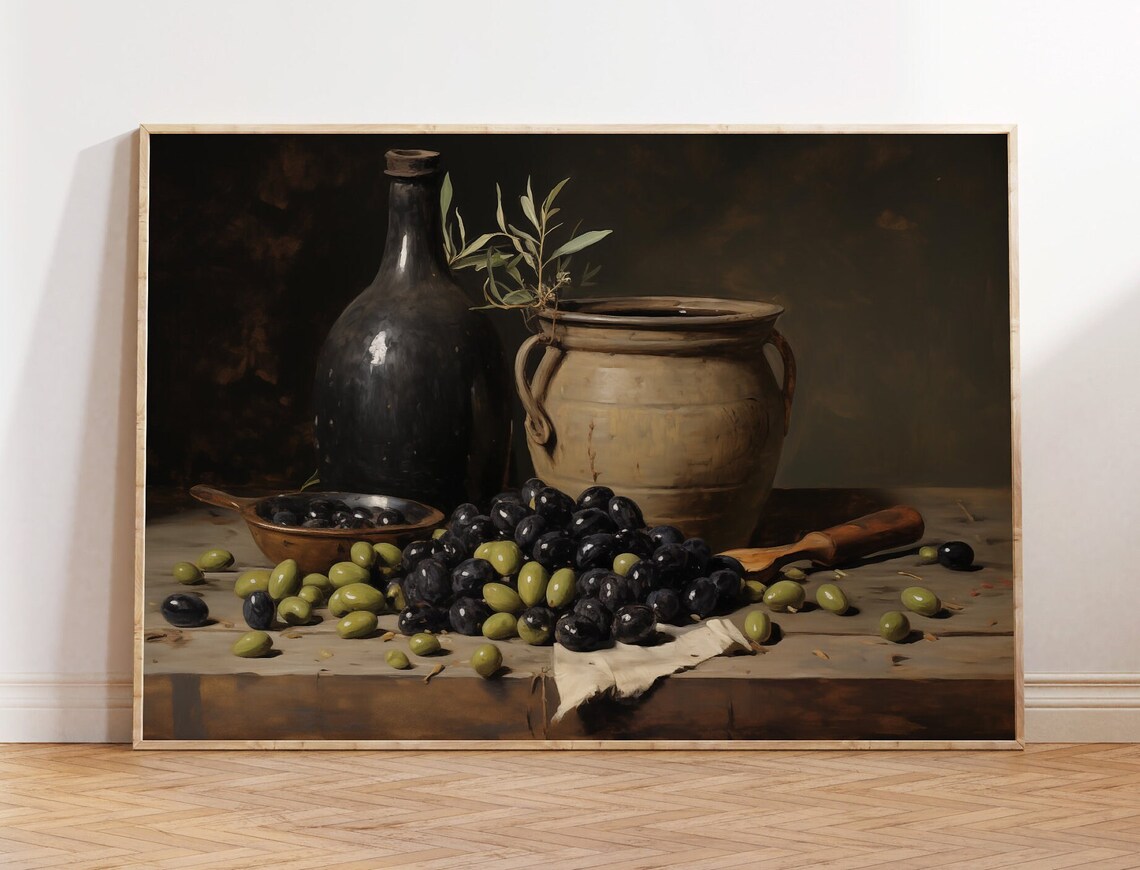 Olive Still Life Painting Green Black Olives Rustic Kitchen Art Poster
