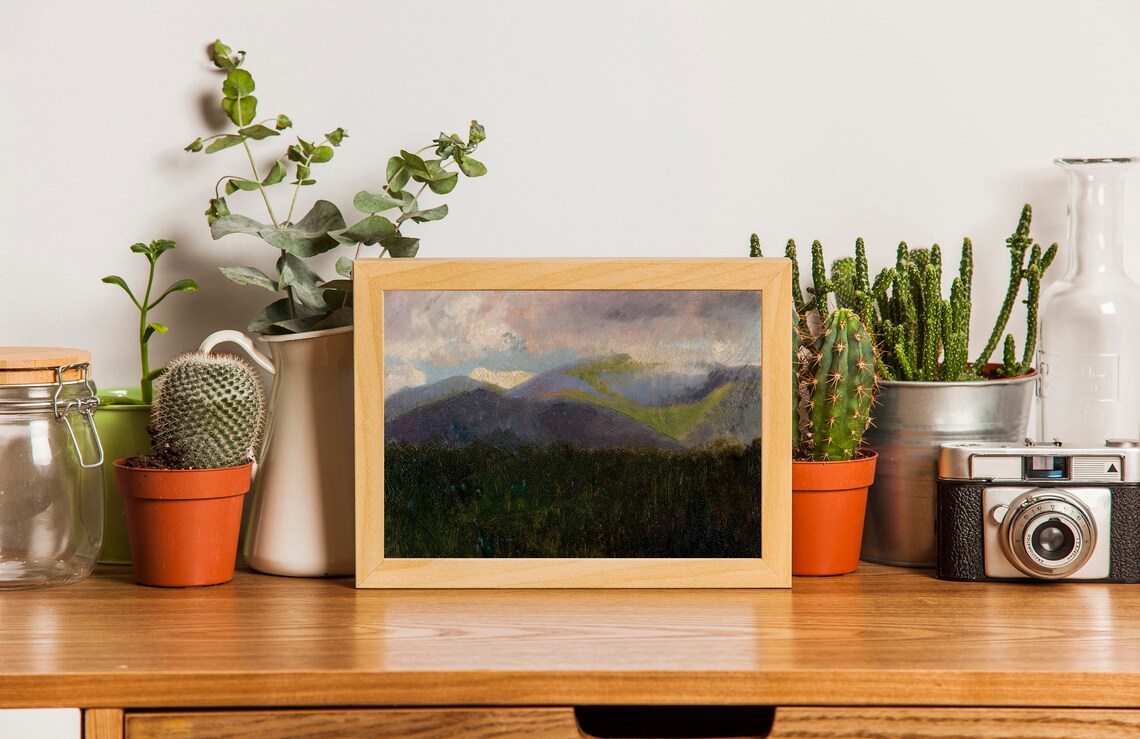 Purple Mountain Peaks At Dusk Pink Clouds Landscape Painting Poster - Image 2