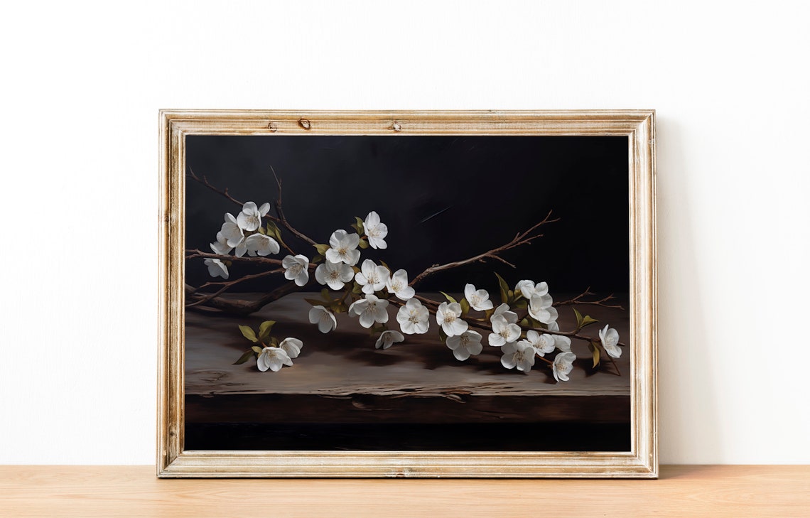 White Blossom Branch on Dark Wood Table Moody Floral Art Poster - Image 2