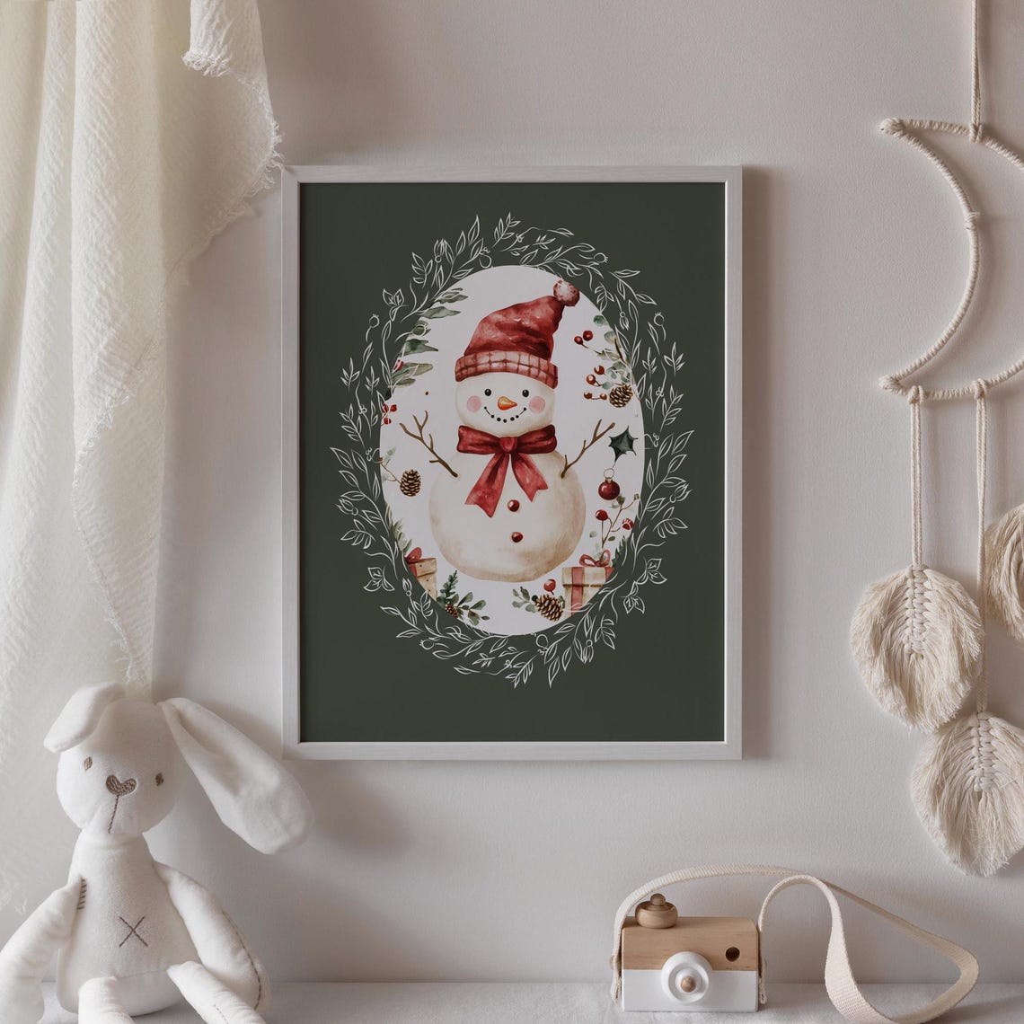 Cute Watercolor Snowman in Red Hat Inside Botanical Oval Frame Poster - Image 2