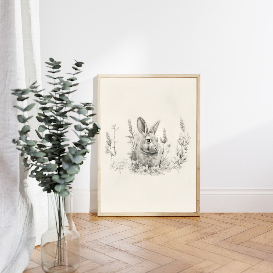 Small Bunny in Sketched Wildflowers Minimalist Nursery Wall Art - Image 2