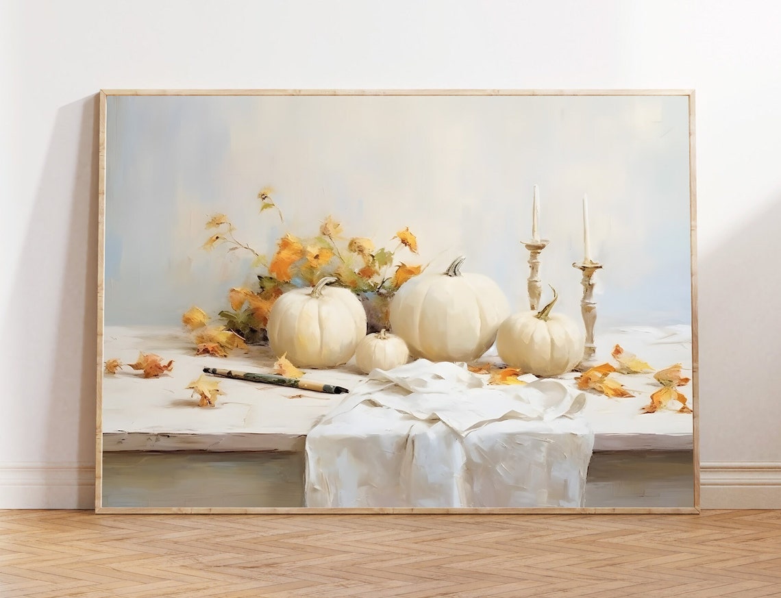 White Pumpkins with Candlesticks Neutral Fall Table Wall Art