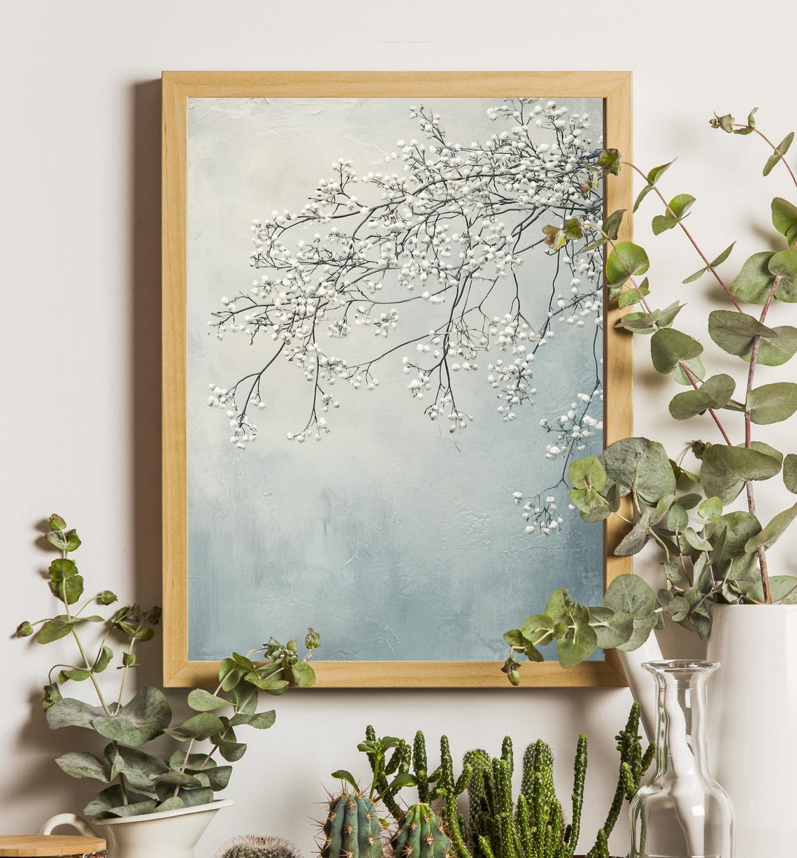 White Blossom Branches Misty Pale Blue Minimalist Home Decor Poster - Image 5
