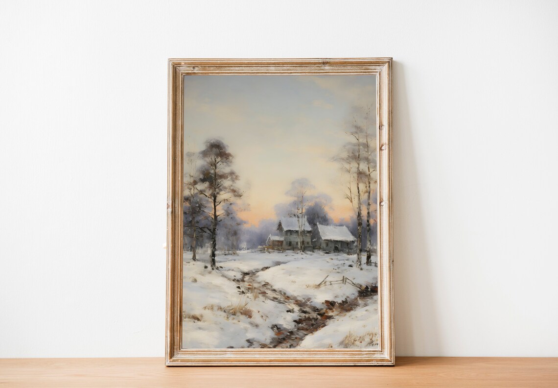 Snowy Farmhouse with Birch Trees Under Pink Winter Sunset Poster - Image 2