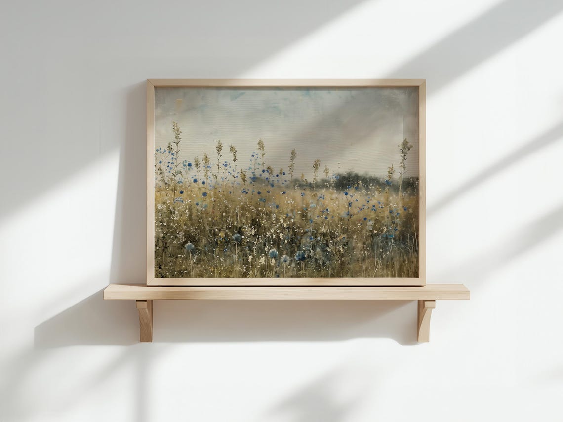 Blue Wildflower Field under Cloudy Sky Rustic Landscape Poster