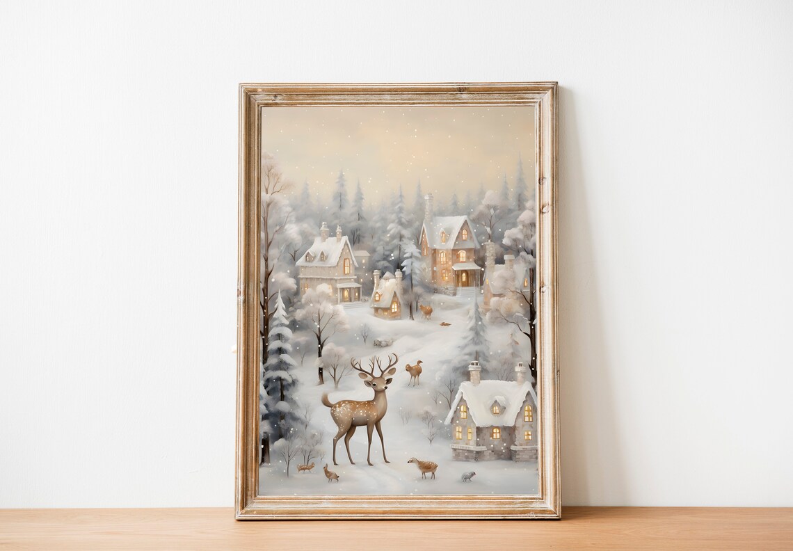 Deer and Fawns in Snowy Village at Dusk with Glowing Cottages Poster - Image 2