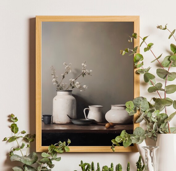 White Ceramic Vessels Still Life with Blossom Branches Moody Poster