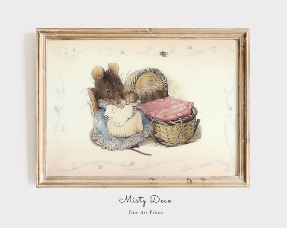 Vintage Mouse and Baby Storybook Illustration Poster Nursery Decor