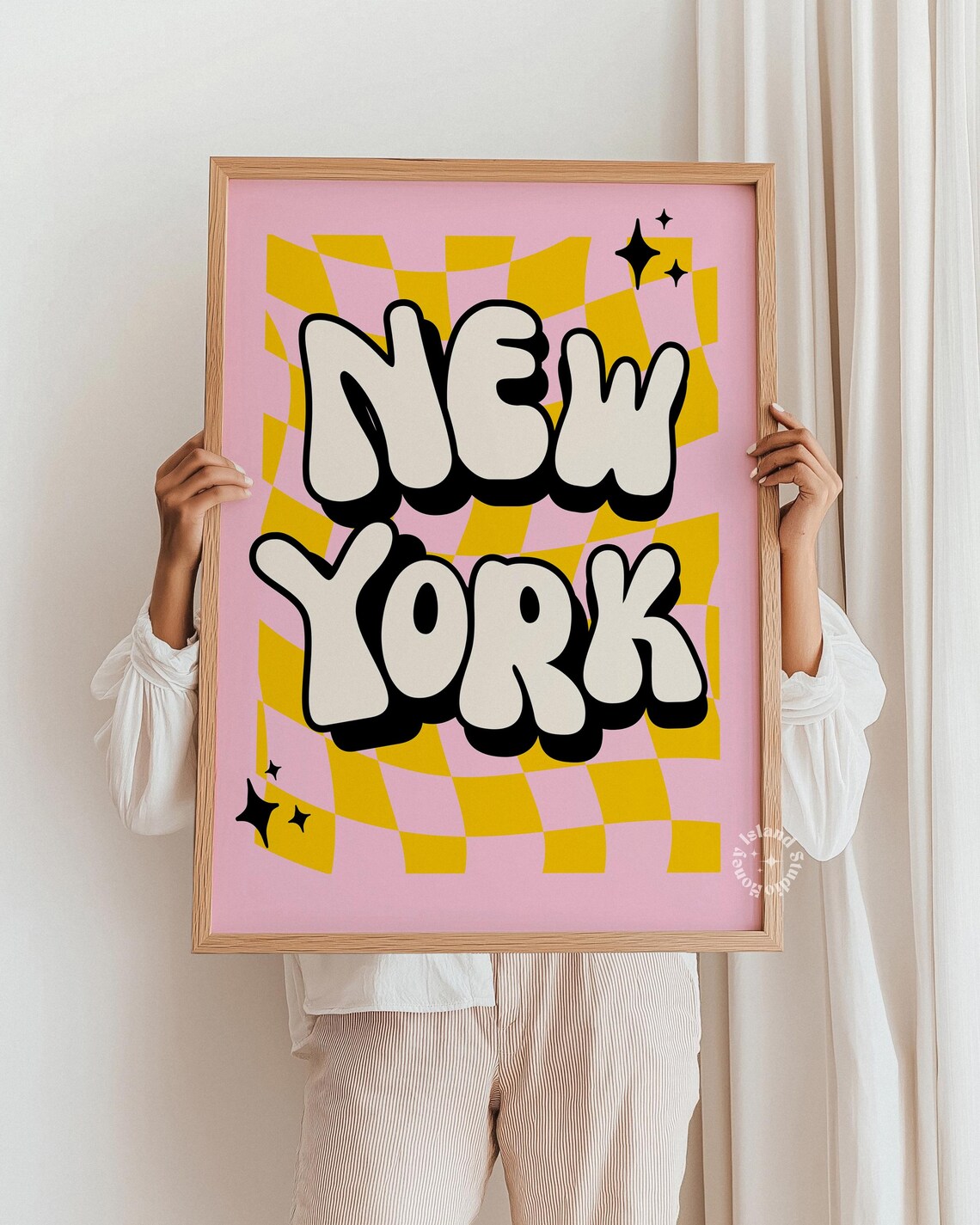 New York Retro Bubble Letter Checkerboard Pink Travel Poster