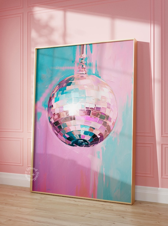 Pink Disco Ball Mirror Ball Glossy Sparkling Oil Painting Poster