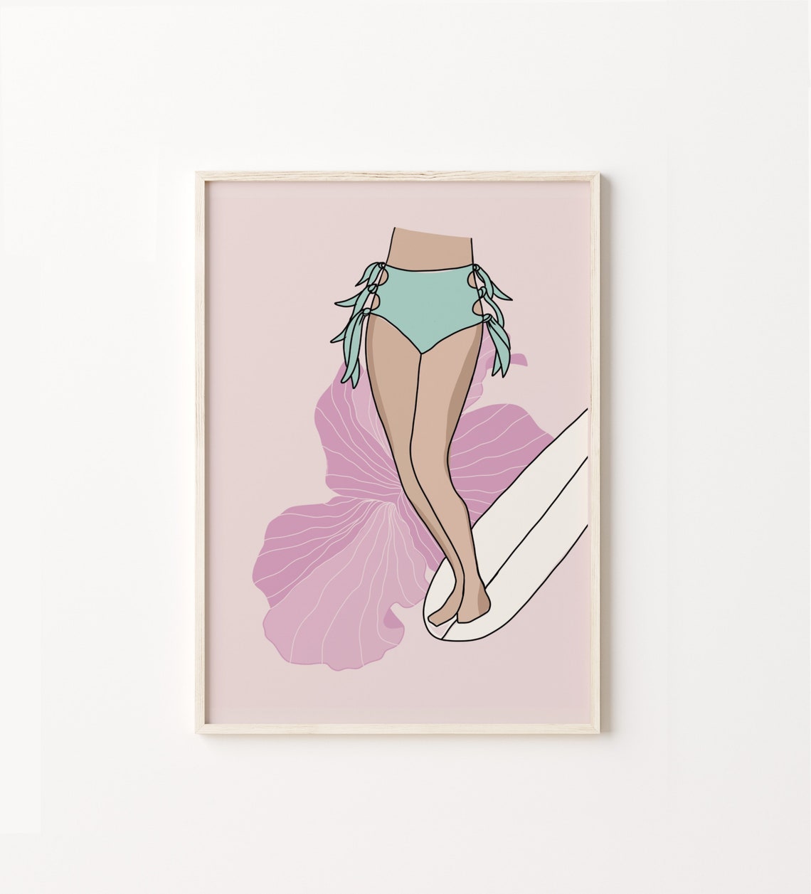 Surfer Girl Bikini Minimalist Illustration Pink Beach Wall Poster